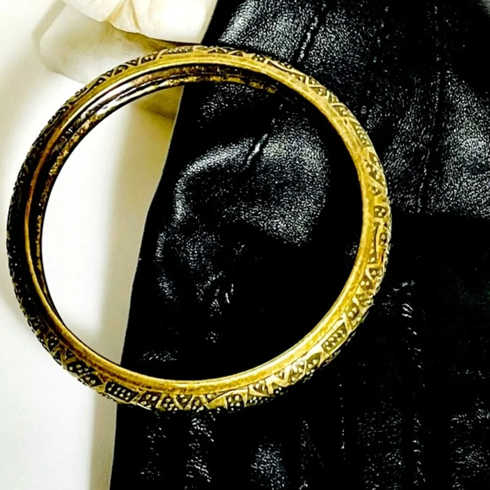 Brass Bangle Bracelet Etched Design 1/2 Inch Wide